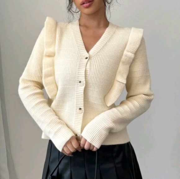 Solid Color V-Neck Elegant Long Sleeve Ruffle Hem Sweater Cardigan - Picture 1 of 6